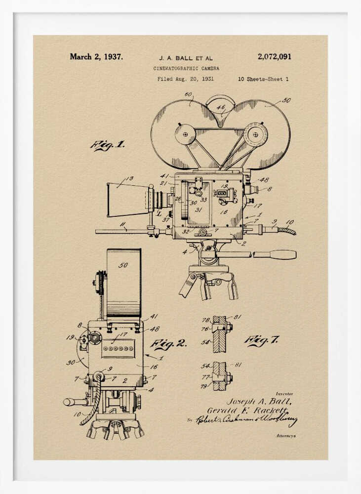Cinematographic Camera Patent 1937 - Poster / Art Print