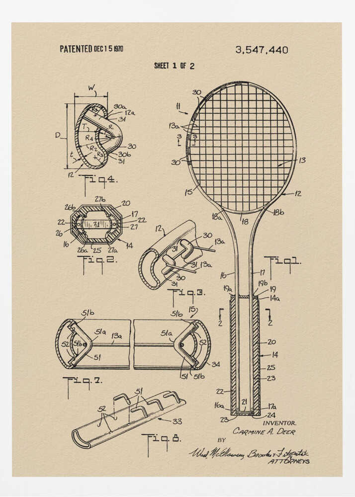 Tennis Racket Patent 1970 - Poster / Art Print