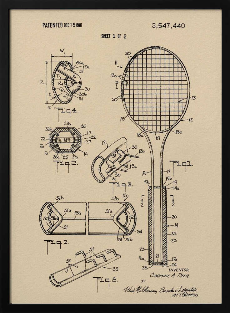 Tennis Racket Patent 1970 - Poster / Art Print