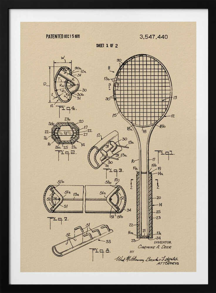 Tennis Racket Patent 1970 - Poster / Art Print