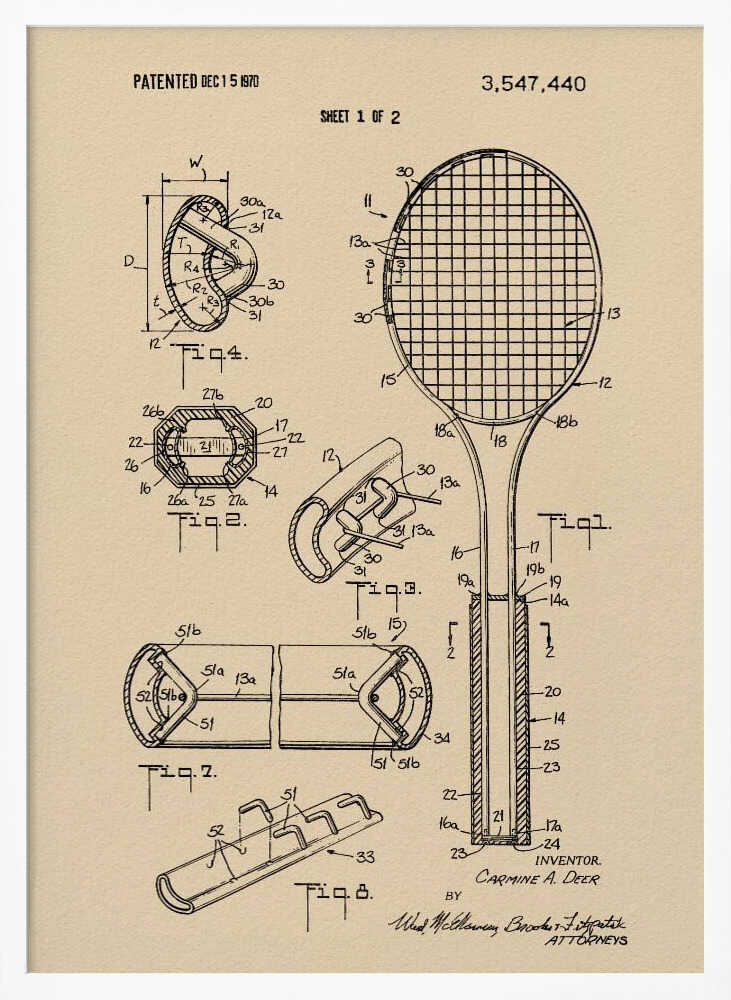 Tennis Racket Patent 1970 - Poster / Art Print