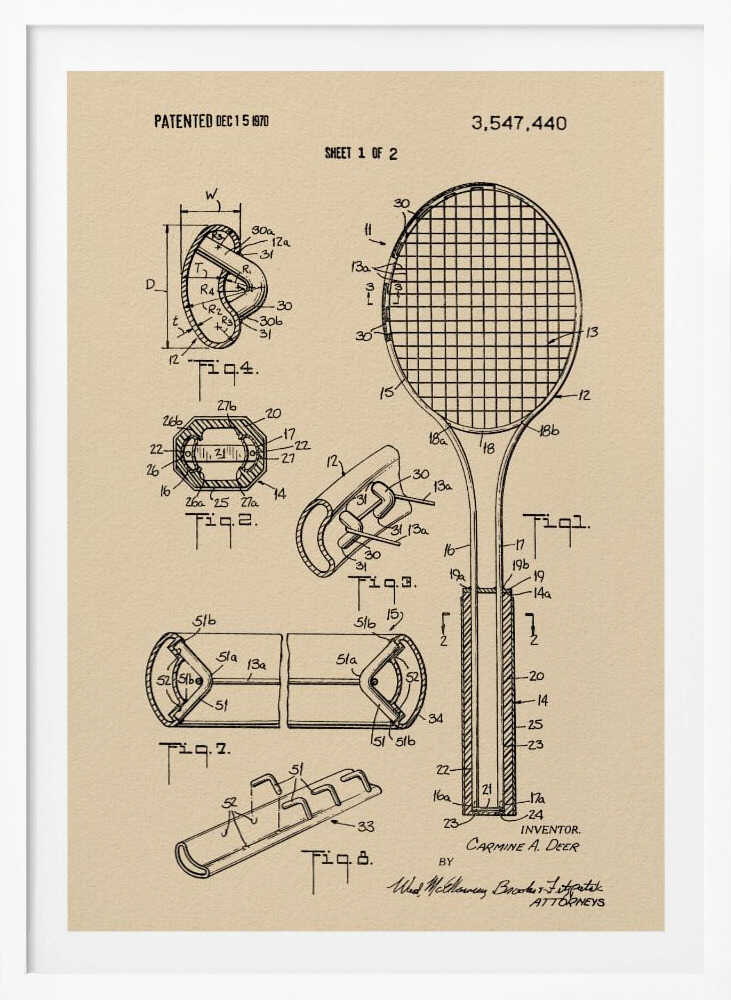 Tennis Racket Patent 1970 - Poster / Art Print