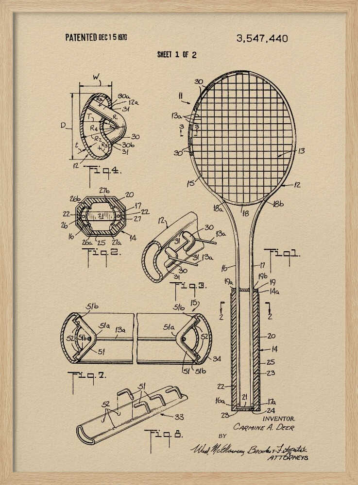 Tennis Racket Patent 1970 - Poster / Art Print