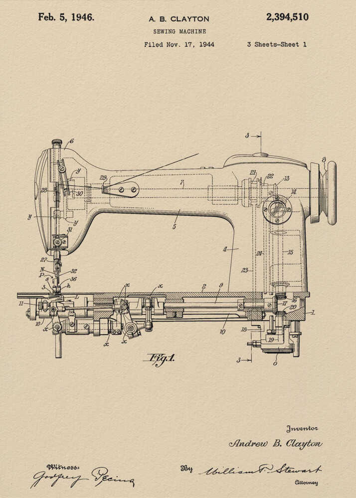 Sewing Machine Patent 1944 - Poster / Art Print