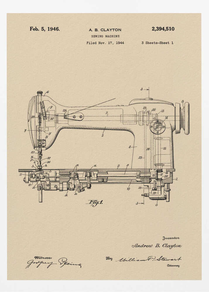 Sewing Machine Patent 1944 - Poster / Art Print