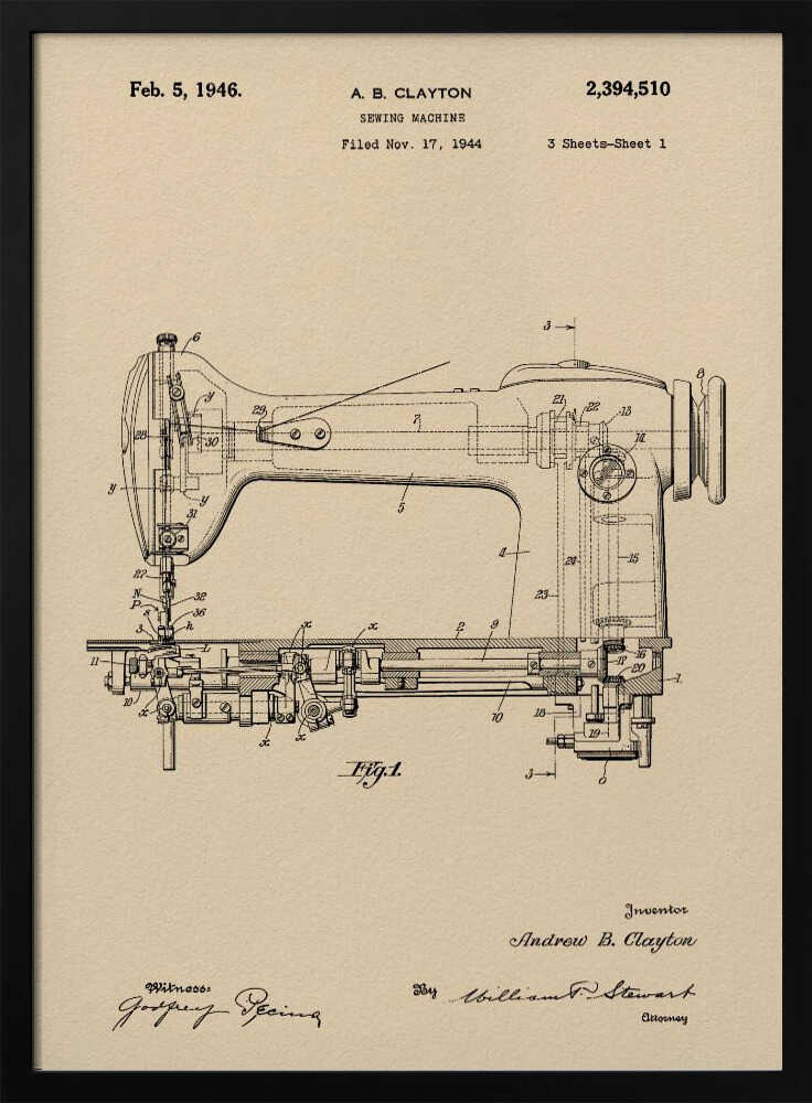 Sewing Machine Patent 1944 - Poster / Art Print