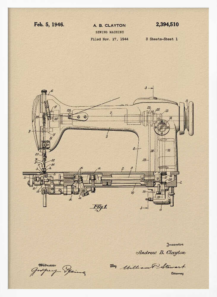 Sewing Machine Patent 1944 - Poster / Art Print