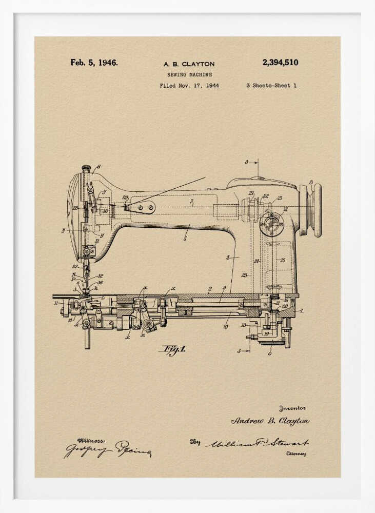 Sewing Machine Patent 1944 - Poster / Art Print
