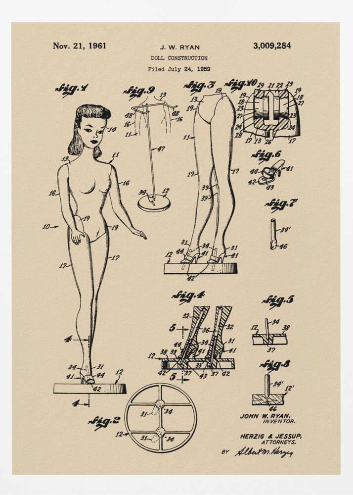 Doll Construction Patent 1961 - Poster / Art Print