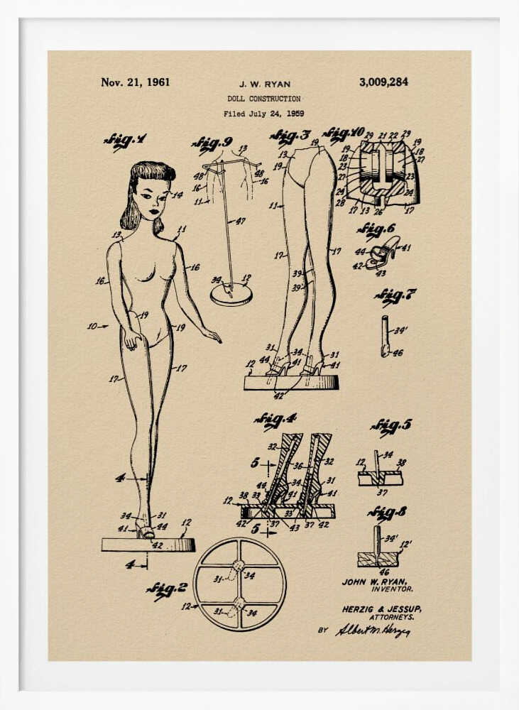Doll Construction Patent 1961 - Poster / Art Print