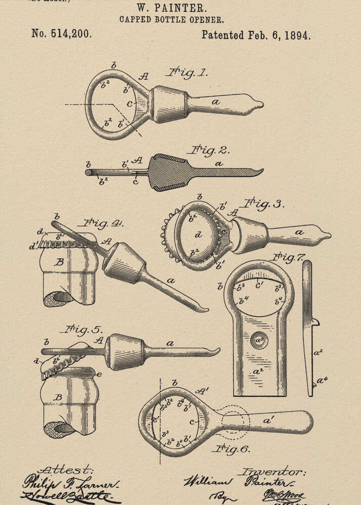 Capped Bottle Opener Patent 1894 - Poster / Art Print