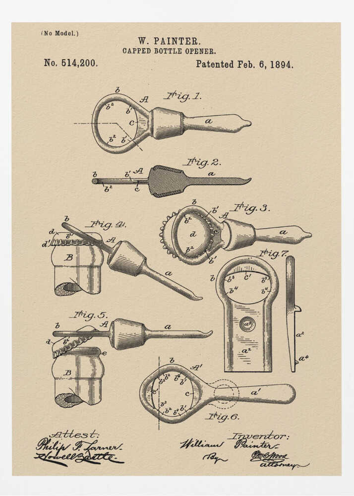Capped Bottle Opener Patent 1894 - Poster / Art Print