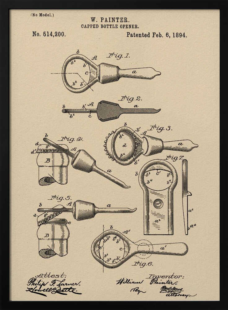 Capped Bottle Opener Patent 1894 - Poster / Art Print
