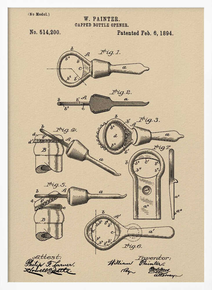 Capped Bottle Opener Patent 1894 - Poster / Art Print