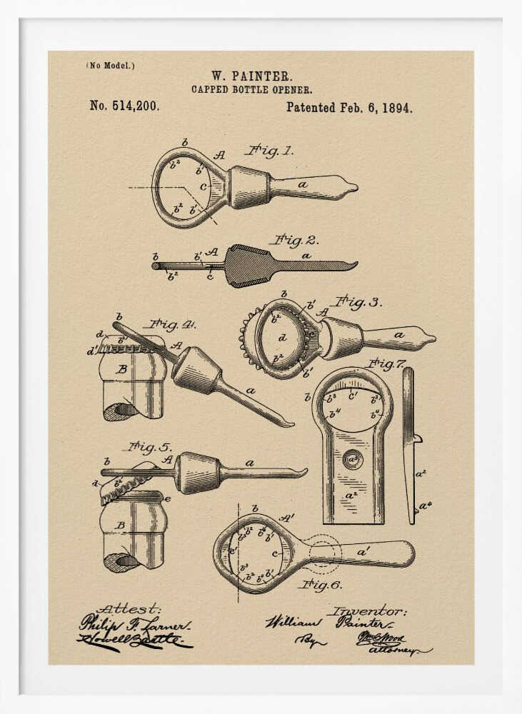Capped Bottle Opener Patent 1894 - Poster / Art Print