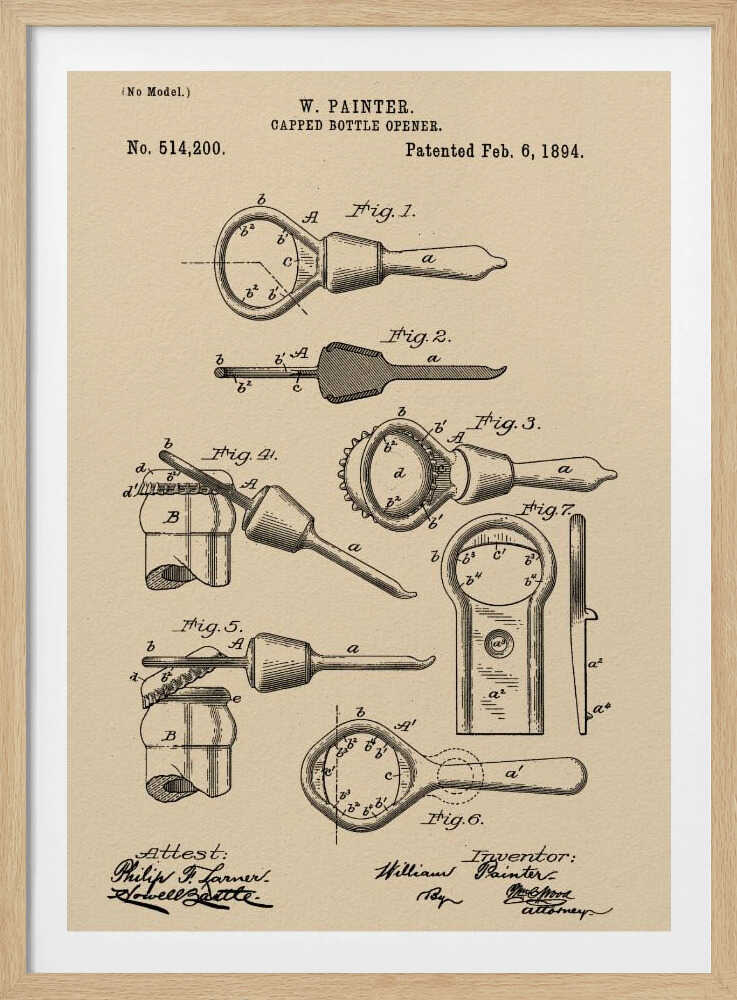 Capped Bottle Opener Patent 1894 - Poster / Art Print