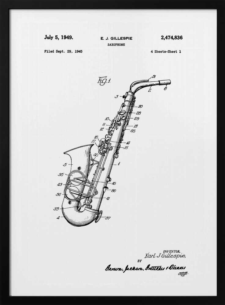 Saxophone Patent 1945 - Poster / Art Print