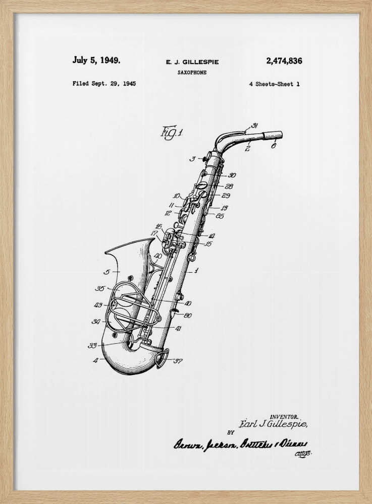 Saxophone Patent 1945 - Poster / Art Print