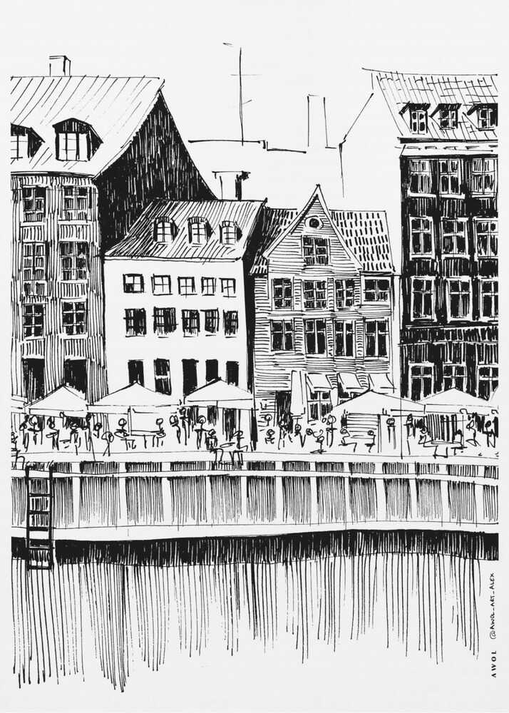 Nyhavn Canal: Copenhagen, Denmark City Drawing - Poster / Art Print