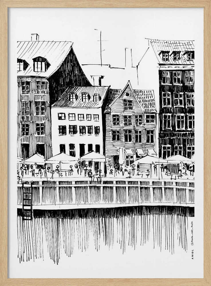 Nyhavn Canal: Copenhagen, Denmark City Drawing - Poster / Art Print