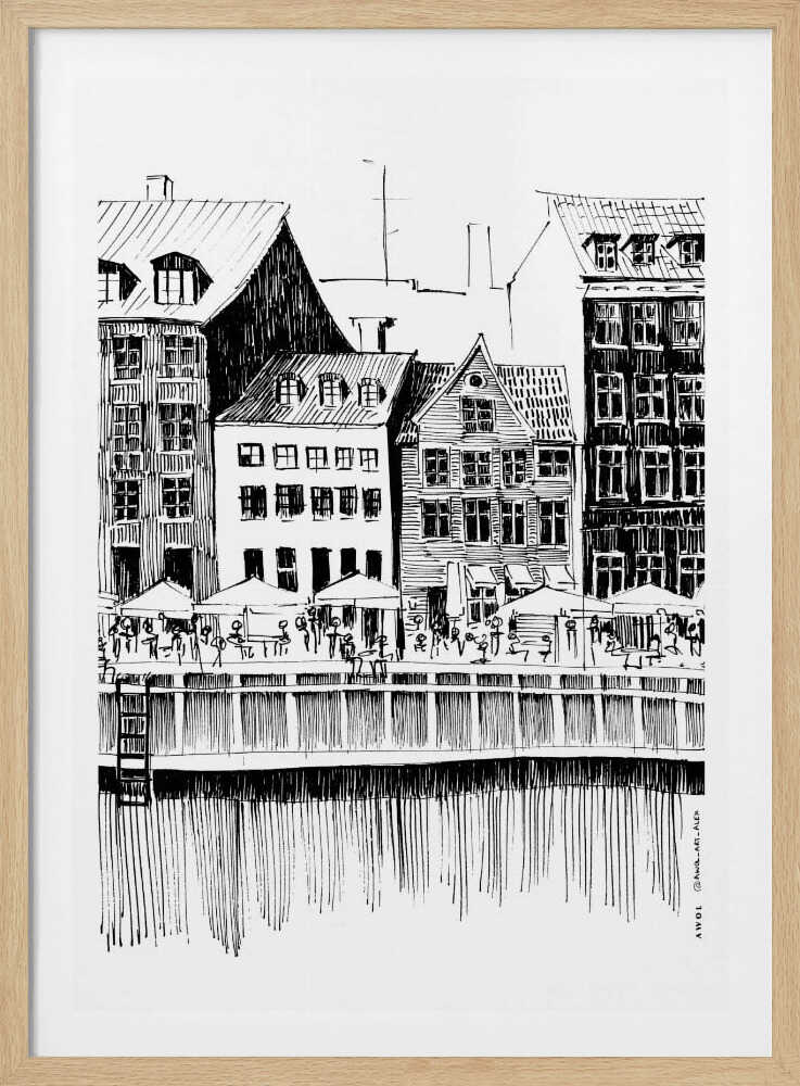 Nyhavn Canal: Copenhagen, Denmark City Drawing - Poster / Art Print