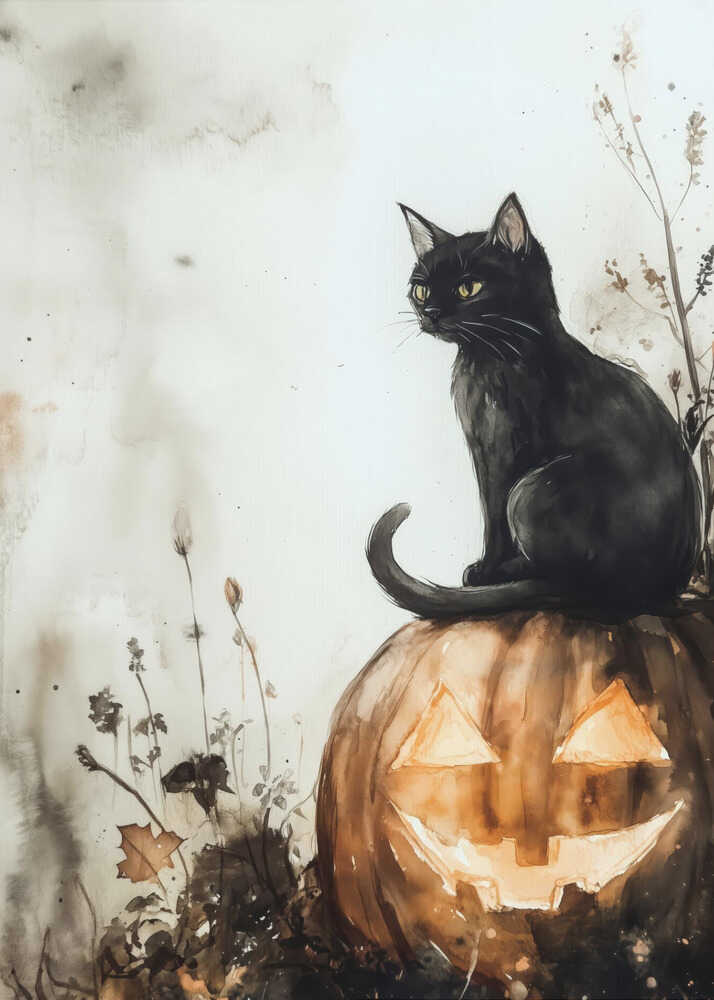 Black Cat and Pumpkin Halloween Scene (2) - Poster / Art Print