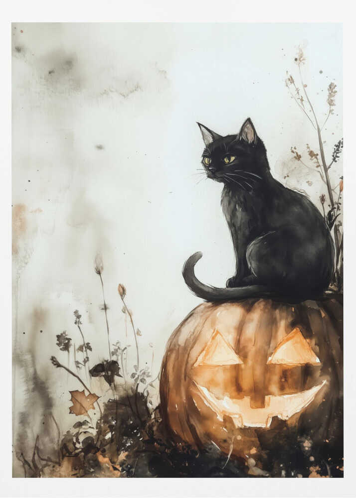 Black Cat and Pumpkin Halloween Scene (2) - Poster / Art Print