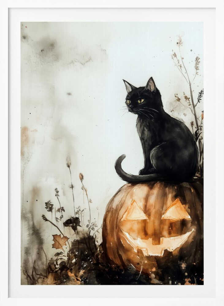 Black Cat and Pumpkin Halloween Scene (2) - Poster / Art Print