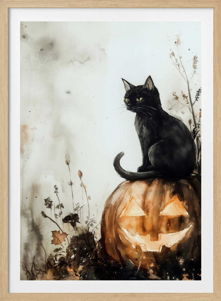 Black Cat and Pumpkin Halloween Scene (2) - Poster / Art Print