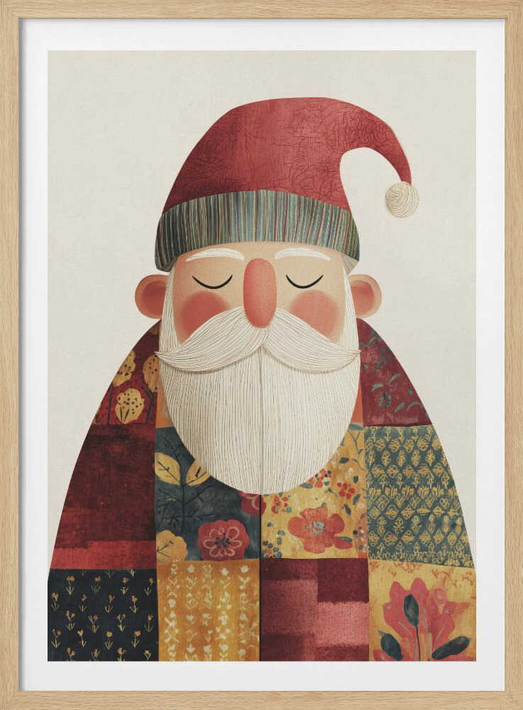 A stylized illustration of a serene Santa Claus with his eyes closed. He wears a textured red hat with a pom-pom and a colorful patchwork coat made of different floral and geometric patterns, all set against a light cream background. Print
