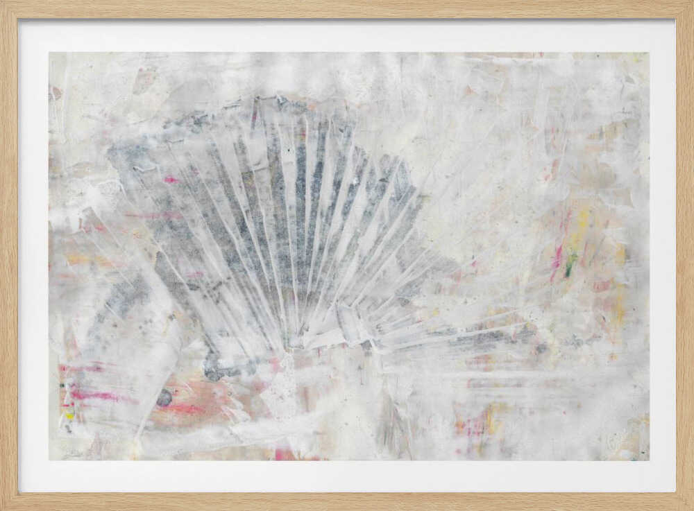 Abstract painting with a textured, fan-like shape in grey tones on a distressed white background with hints of color.