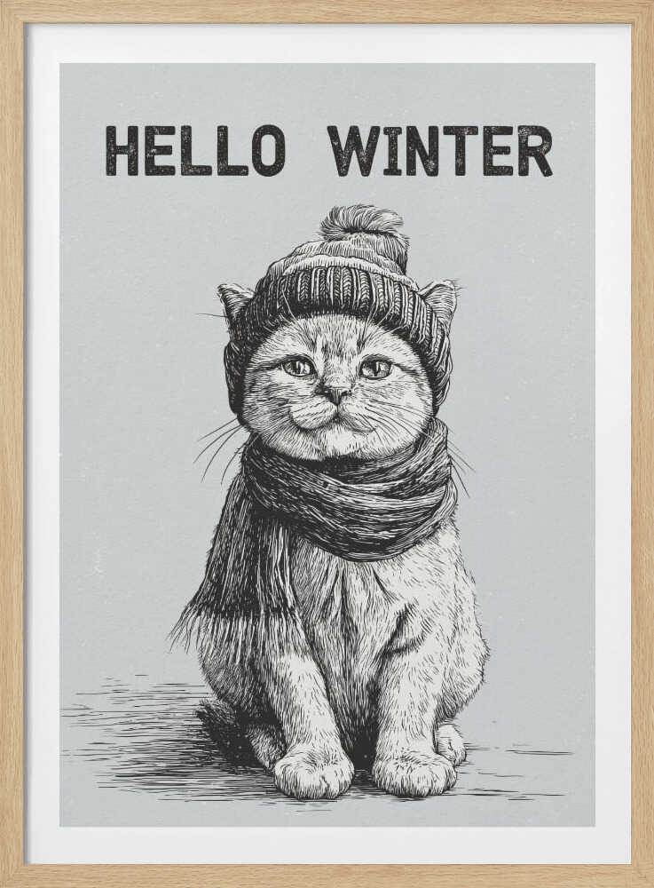 Sketch illustration of a cute cat wearing a winter hat and scarf. 'Hello Winter' quote.