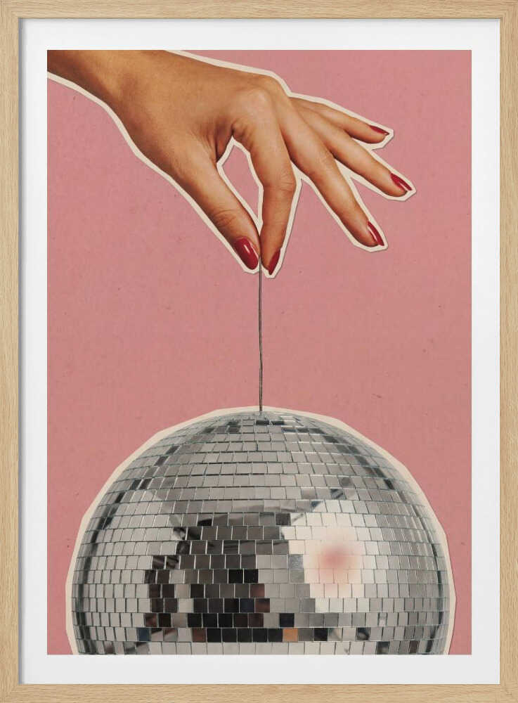Retro collage art of a hand with red nails holding a silver disco ball against a pink background.