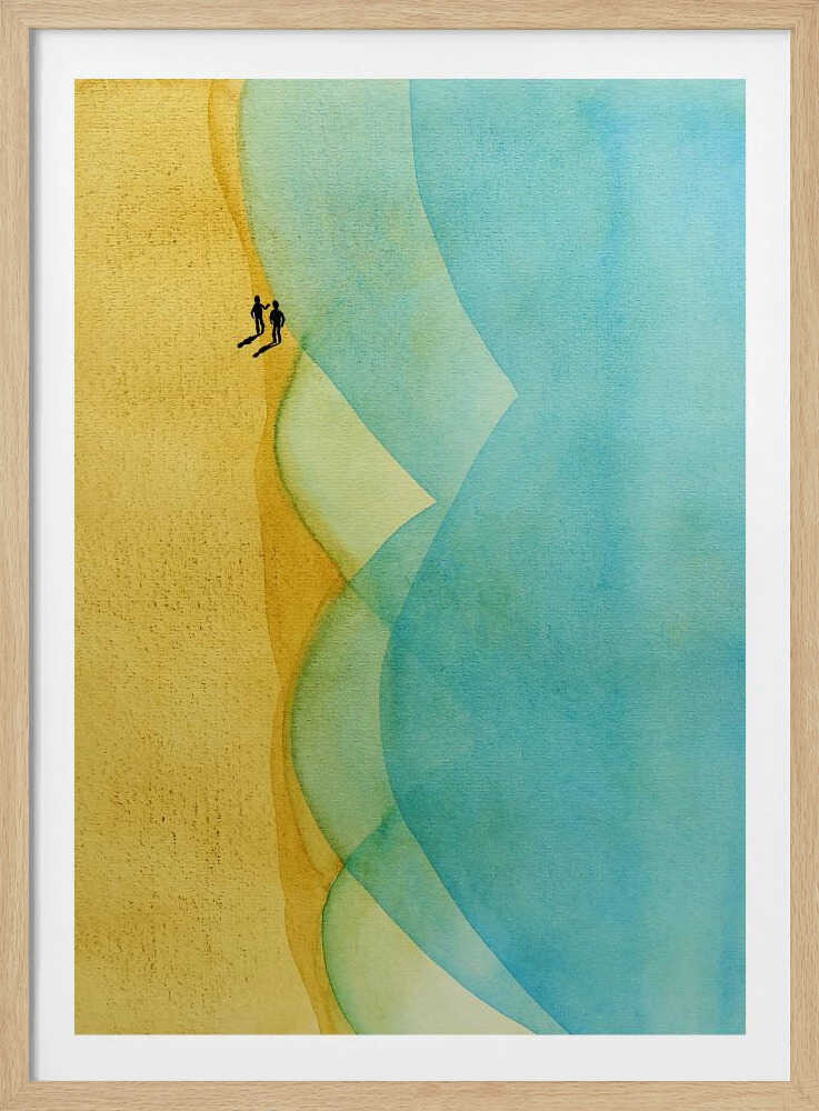 Abstract watercolor art of two figures on a golden beach with large, flowing blue ocean waves.