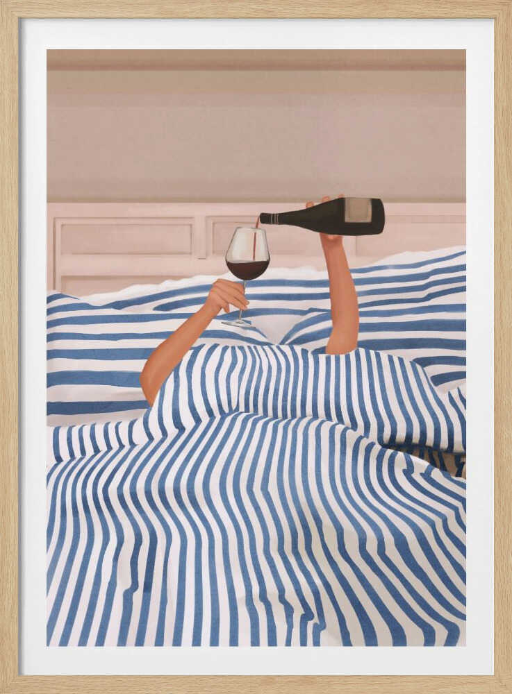 Arms emerging from a blue and white striped duvet to pour a glass of red wine in bed, an illustration.