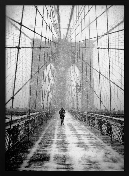 New York Walker in Blizzard - Brooklyn Bridge - Poster / Art Print