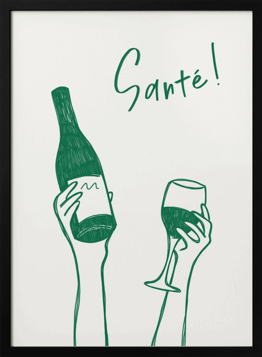 Hands holding a wine bottle and a wine glass with the text "Cheers!" in French - Poster / Art Print