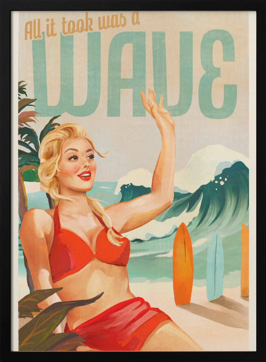 Surfing Pinup Girl On Beach In Bikini - Poster / Art Print
