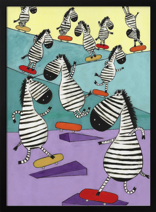 Hilarious Zebras in the Skatepark by Artist Carla Daly - Poster / Art Print