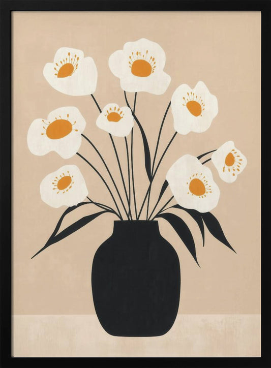 White Flowers in Black Vase - Poster / Art Print