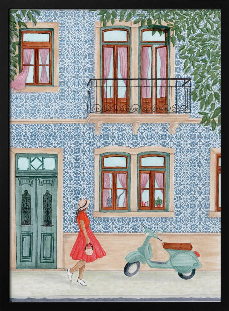 Street Scene with Elegant Woman in Red Dress - Poster / Art Print