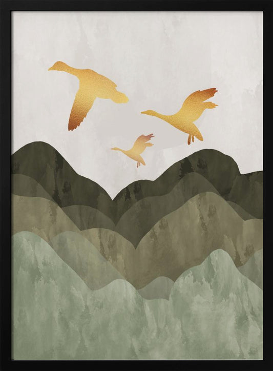 Golden Birds Flying Over Mountains - Poster / Art Print