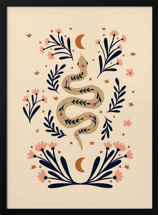 Snake And Flowers Beige And Indigo - Poster / Art Print