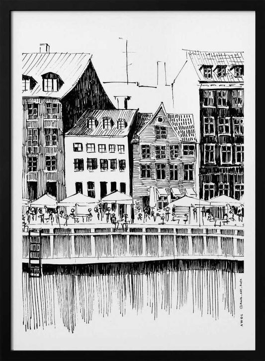 Nyhavn Canal: Copenhagen, Denmark City Drawing - Poster / Art Print