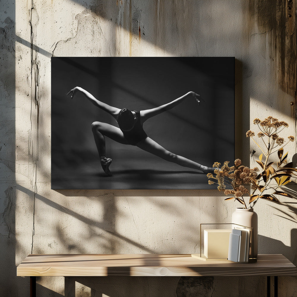 soaring. A ballerina in pointe shoes in a lunge with her arms outstretched like wings - Poster / Art Print