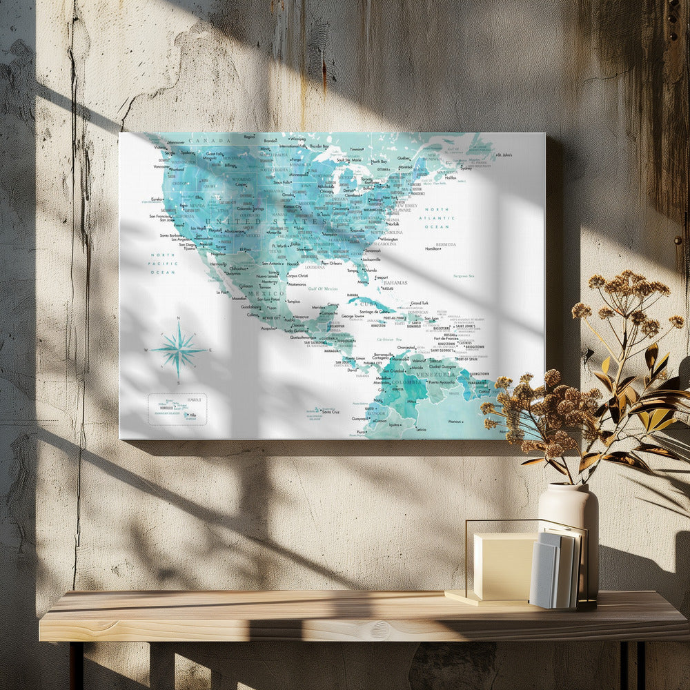 Aquamarine map of USA and Mexico - Poster / Art Print