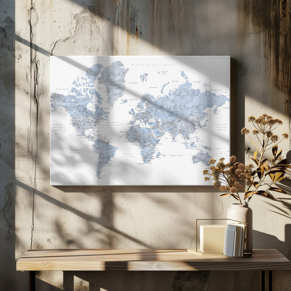 Blue världskarta på Spanska - Poster / Art Print