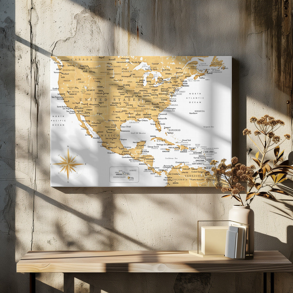 Gyllene karta av USA och Mexico - Poster / Art Print