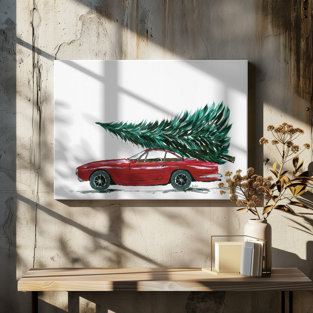 Eighties car carrying a Christmas tree - Poster / Art Print