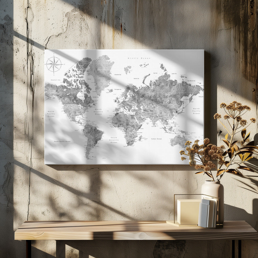 Världskarta i gråskala vattenfärg - Poster / Art Print
